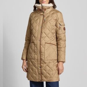 Ralph Lauren Diamond Quilted Funnelneck Down Puffer Coat Tan White Medium